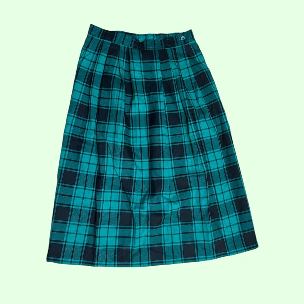 Vintage plaid green and black retro midi skirt size‎ 16
